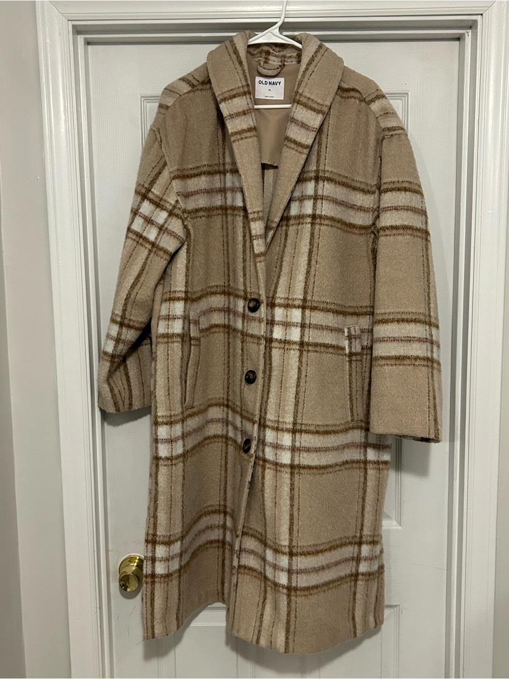 Old Navy Beige Plaid Button-Front Trench Coat